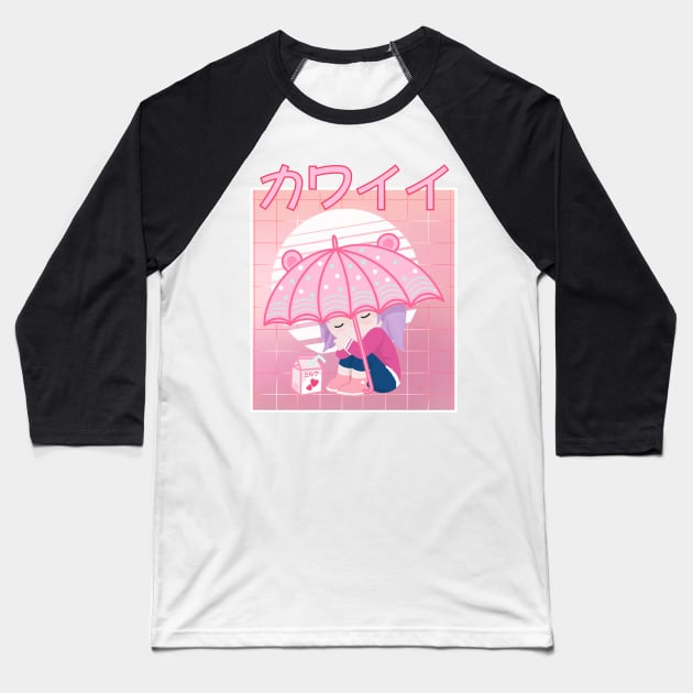 90s Japanese Kawaii Sad Girl Pink Japanese Strawberry Milk Baseball T-Shirt by gogo-jr